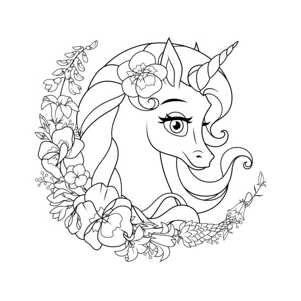 Cute cartoon unicorn surrounded with flowers vector coloring page stock illustration