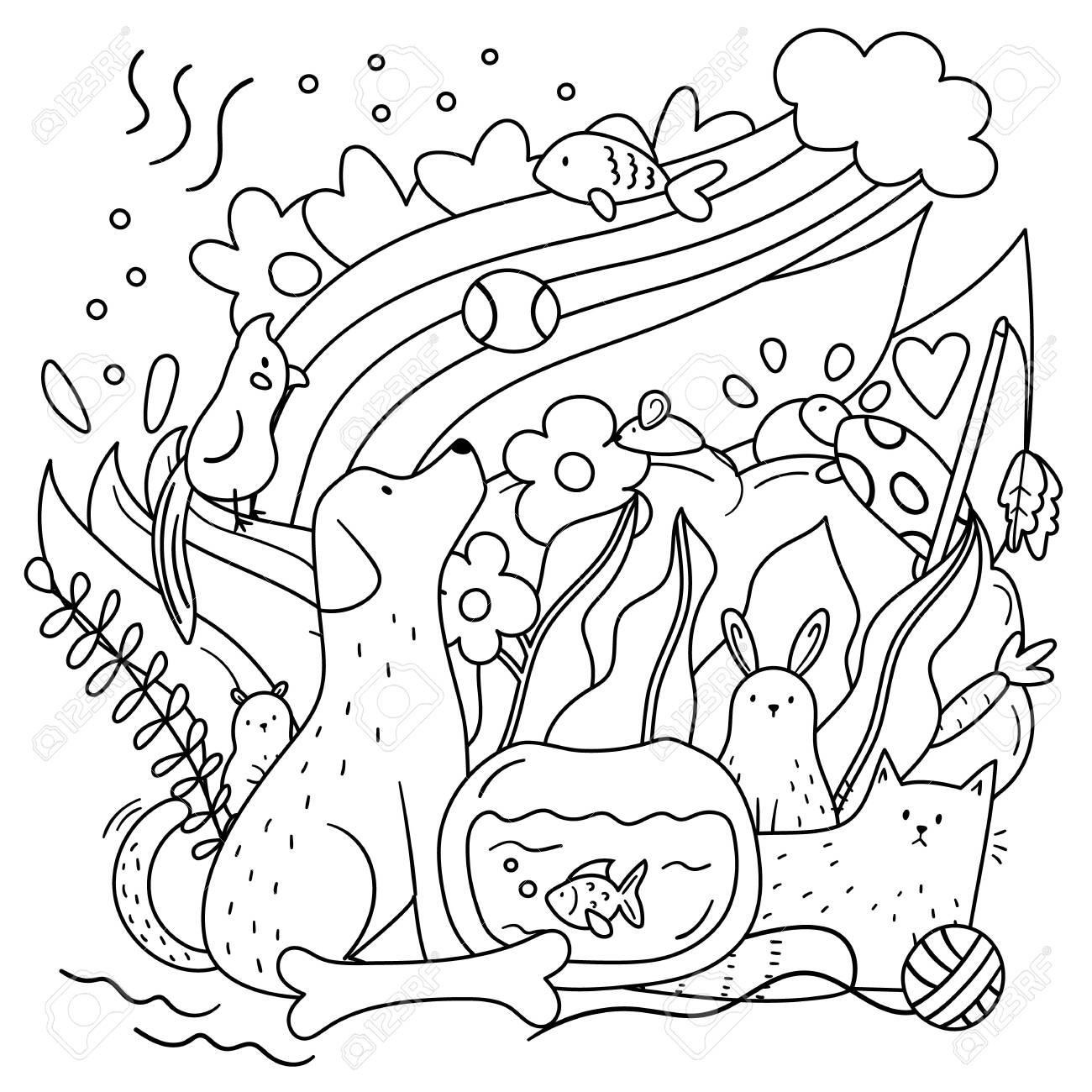 Doodle coloring page for adults and kids cute dog cat hamster turtle fish and parrot hand drawn plants and flowers royalty free svg cliparts vectors and stock illustration image