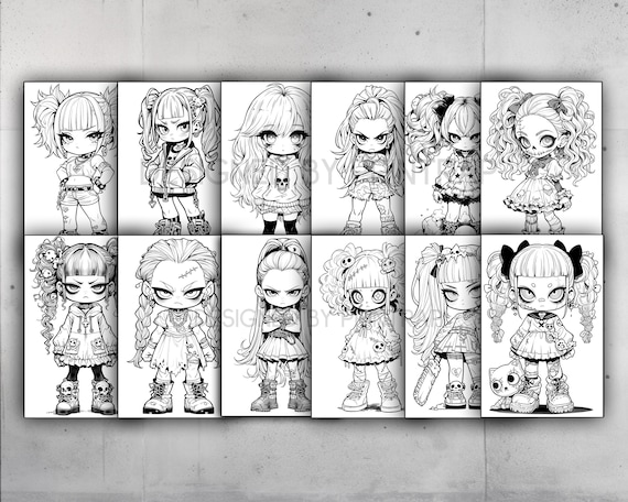 Gothic chibi girls coloring book page cute manga anime fantasy coloring pages for children adults instant download printable pdf