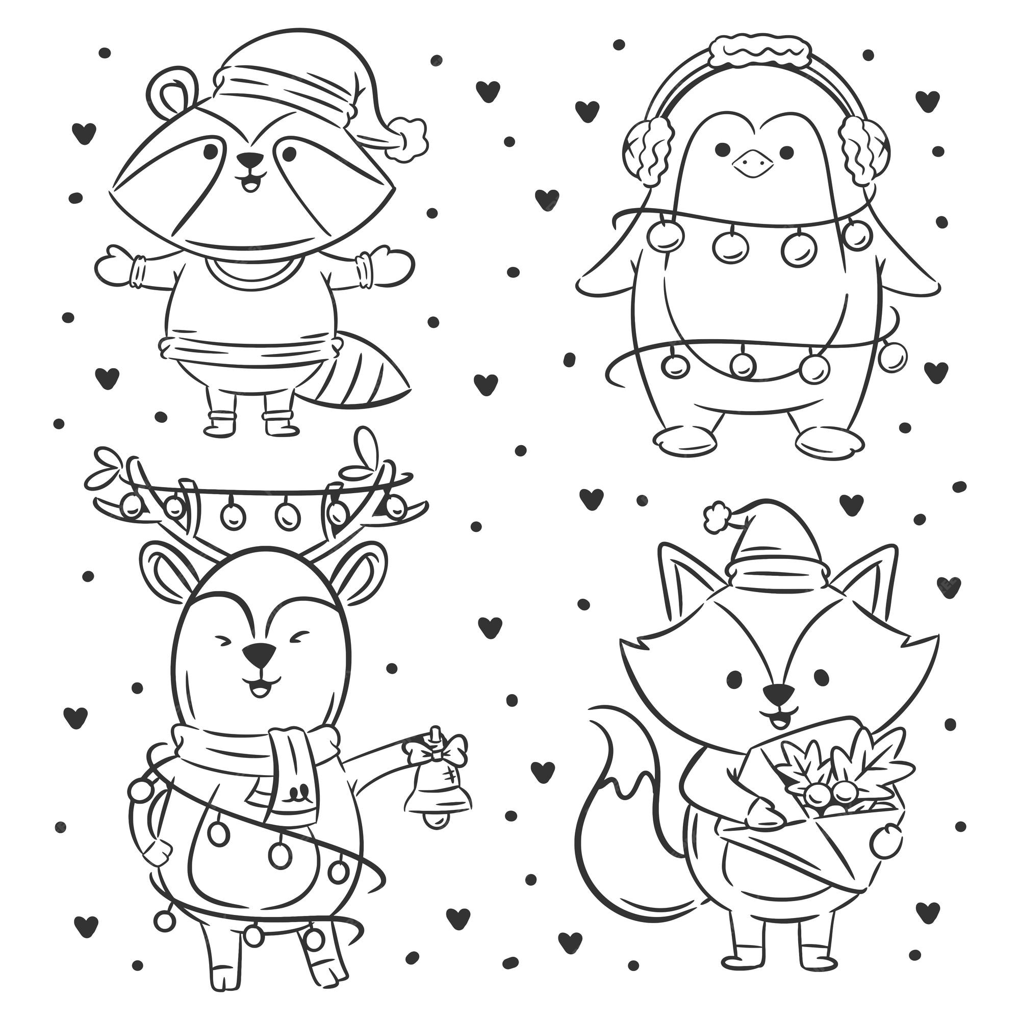 Premium vector christmas animal character collection hand drawn coloring