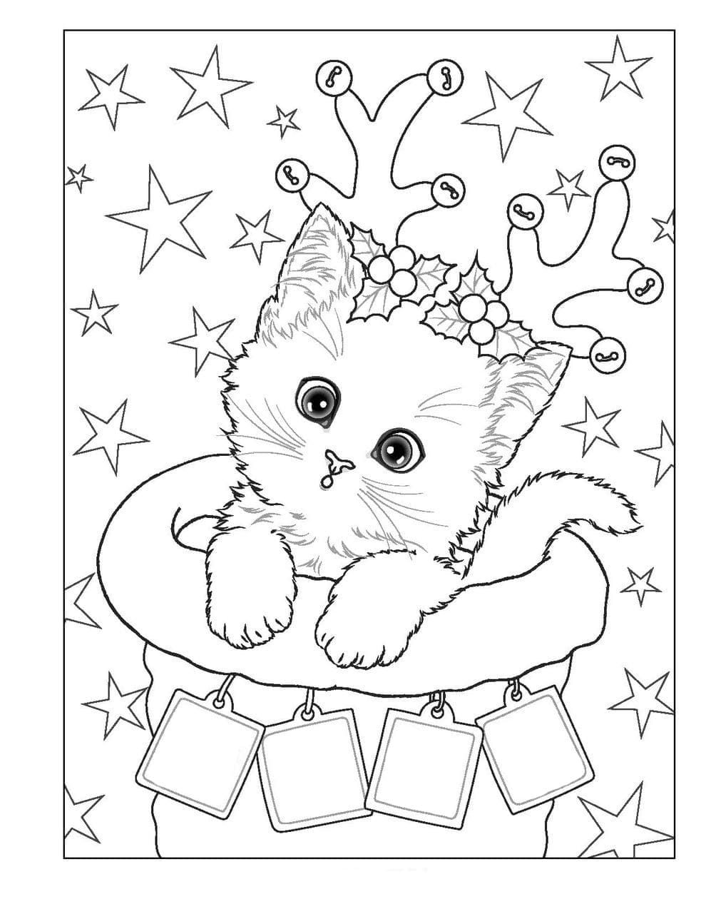 Merry christmas cute kitten coloring page