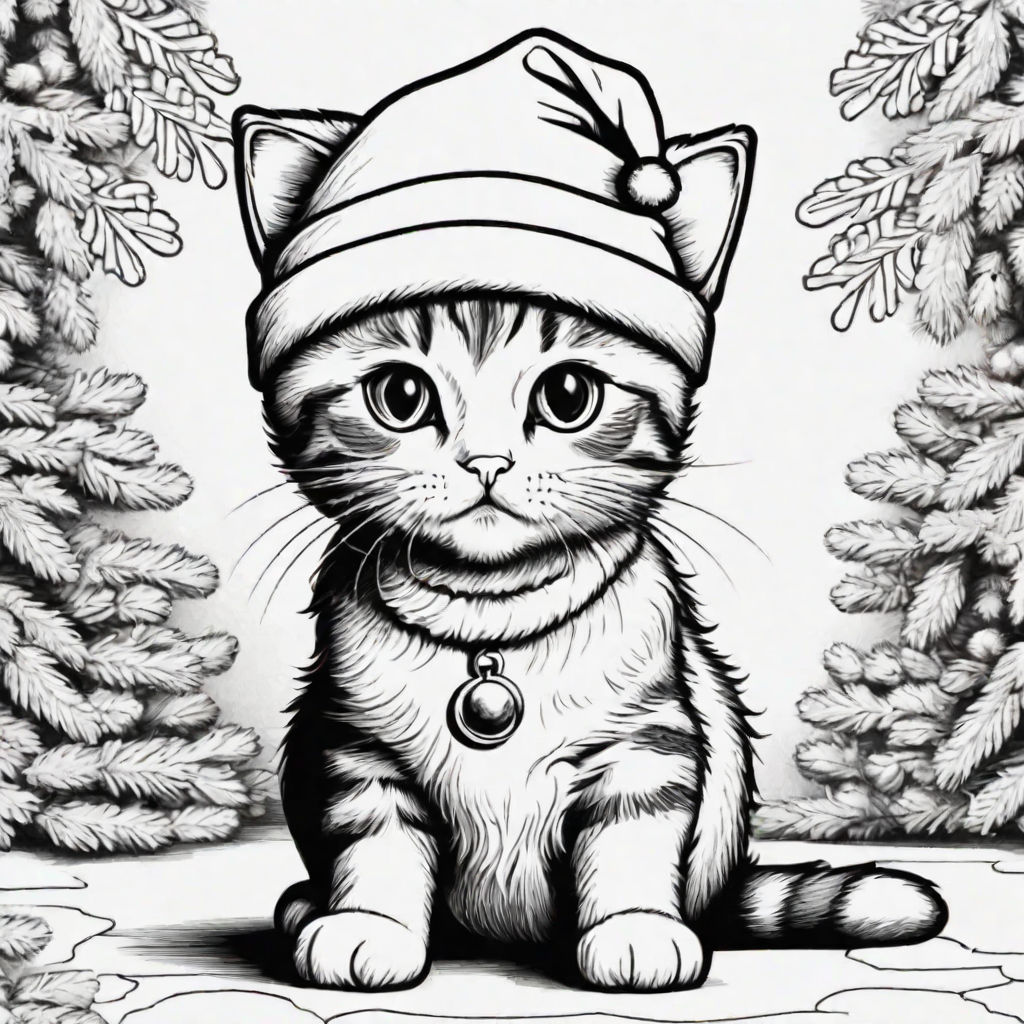 Cat playing with christmas tree coloring book page black and white