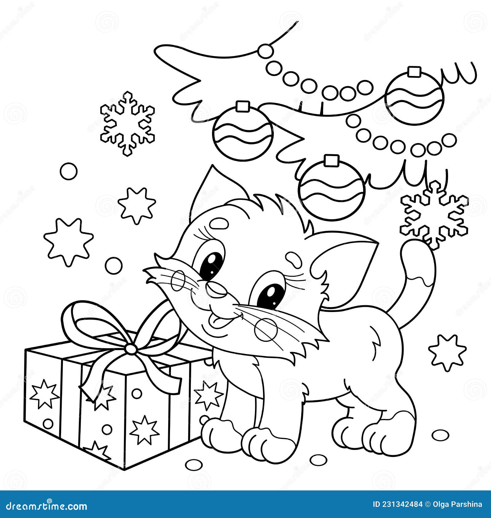 Coloring page outline of christmas tree with gifts and with little cat christmas new year stock vector