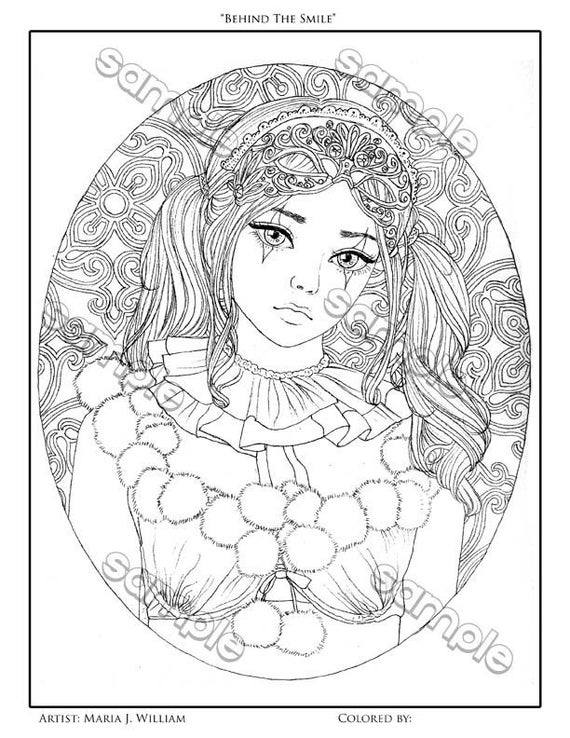 Cute manga clown girl coloring page by maria j william instant pdf download download now