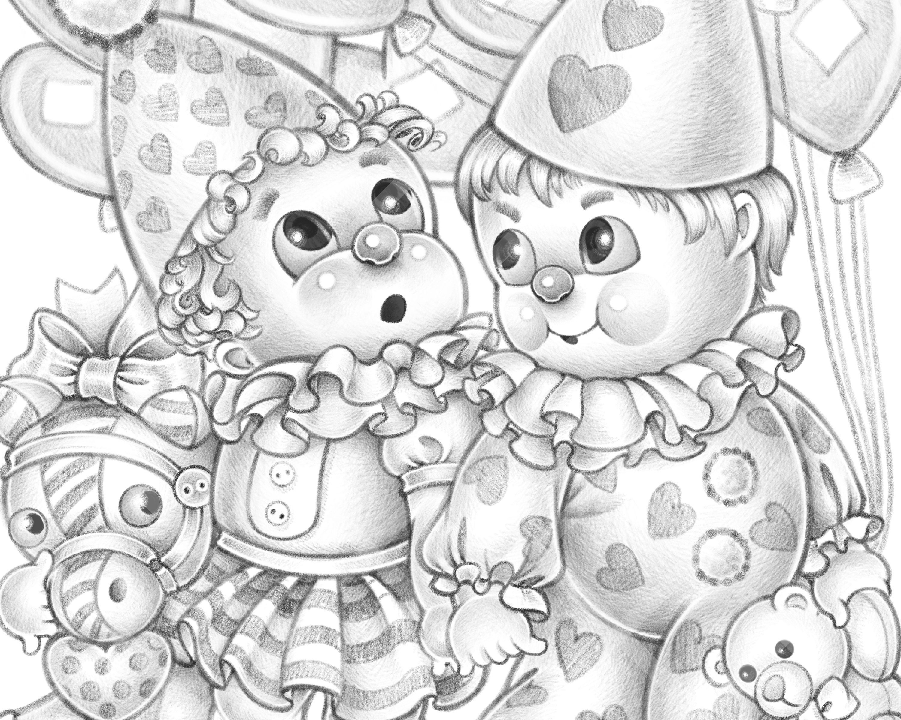 Lovely valentine grayscale coloring page for adults and kids printable pdf jpeg cute couple boy and girl horse bear clown balloon love