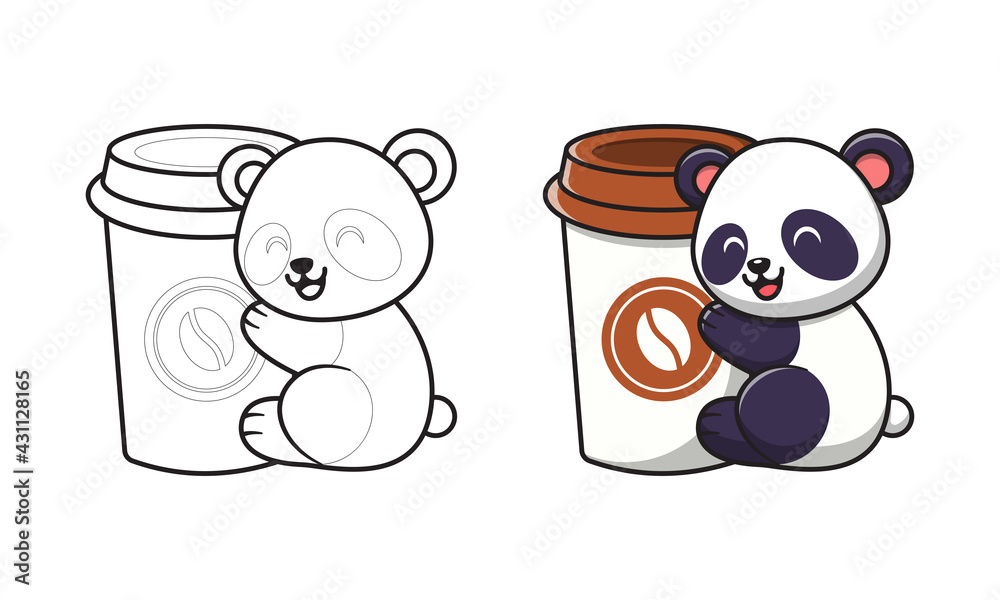 Cute panda with coffee cup cartoon coloring pages for kids vector
