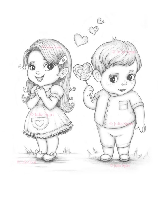 Coloring page digital stamp digi cute girl boy couple in love whimsy crafting line art sweet love