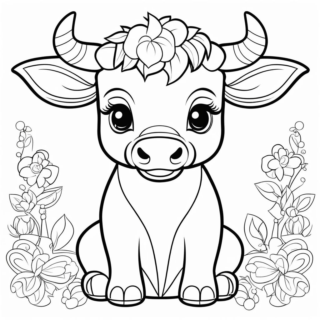 D outline simple monochromatic childrens coloring book page featuring a cow