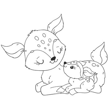 Coloring page with cute deer mother and baby vector