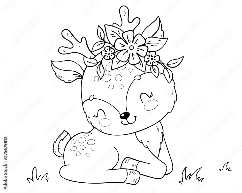 Cute cartoon baby deer coloring book page for children vector