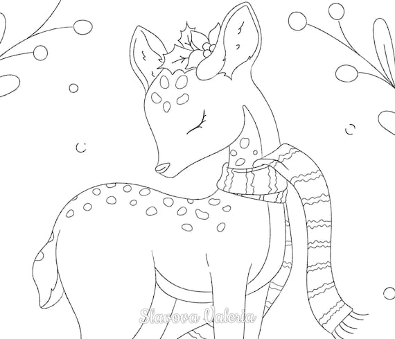 Christmas coloring page cute deer digital digi stamps crafting line art for kids and adult pdf