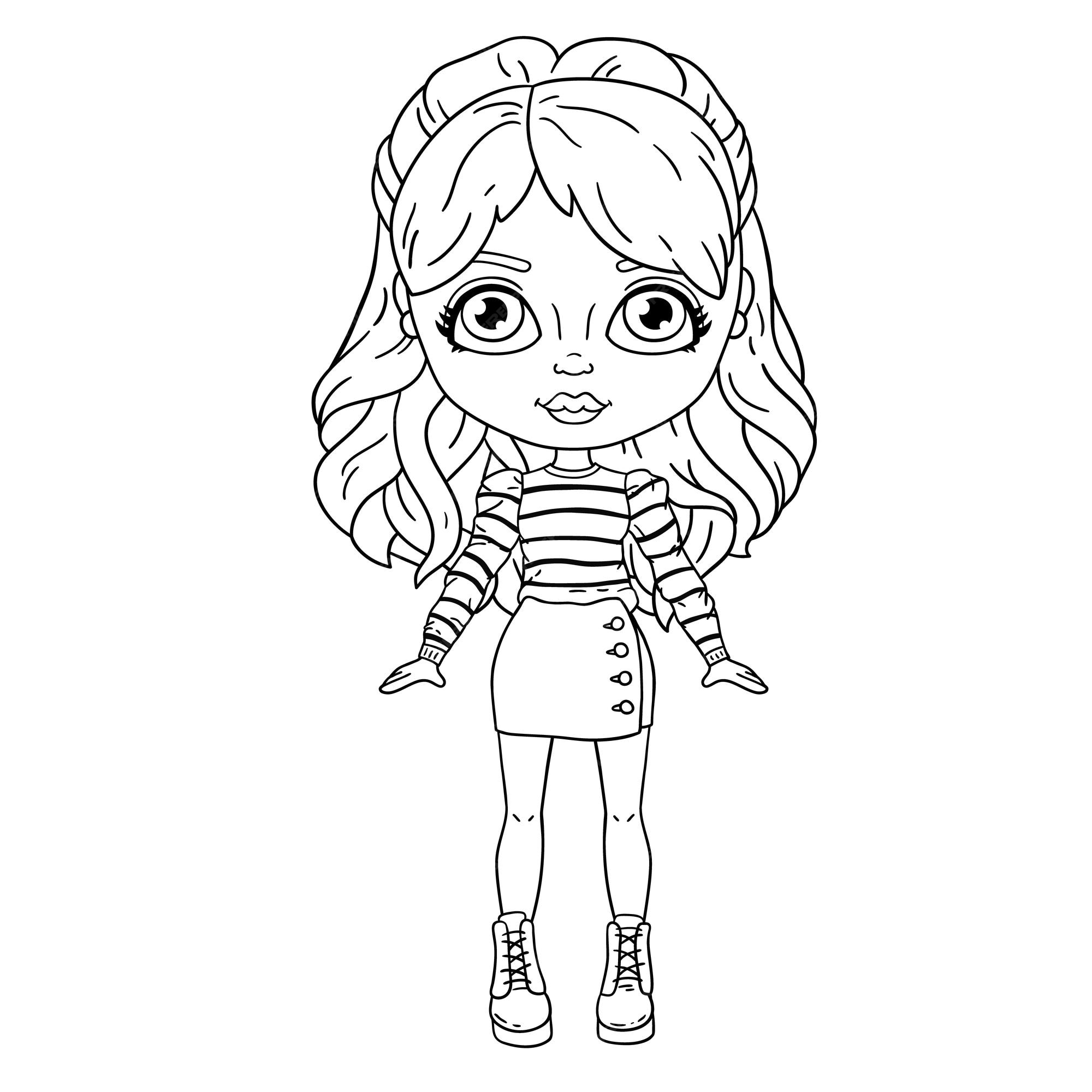 Premium vector coloring page with cute doll girl