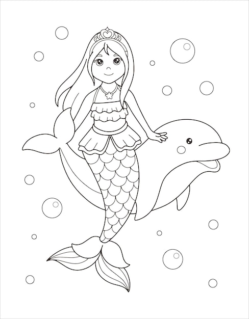 Premium vector cute mermaid and dolphin coloring page