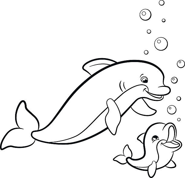 Coloring pages marine wild animals mother dolphin with her baby stock illustration