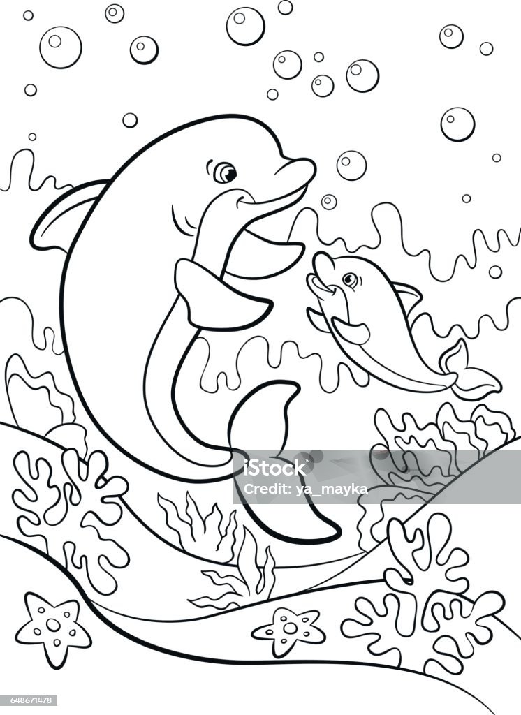 Coloring pages marine wild animals mother dolphin swims with her little cute baby dolphin stock illustration