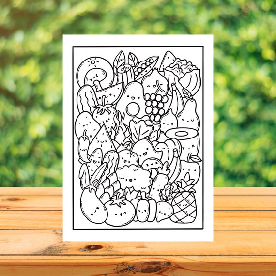 Vegan cute doodle coloring page vegetable digital adult coloring print printable colouring sheet instant download