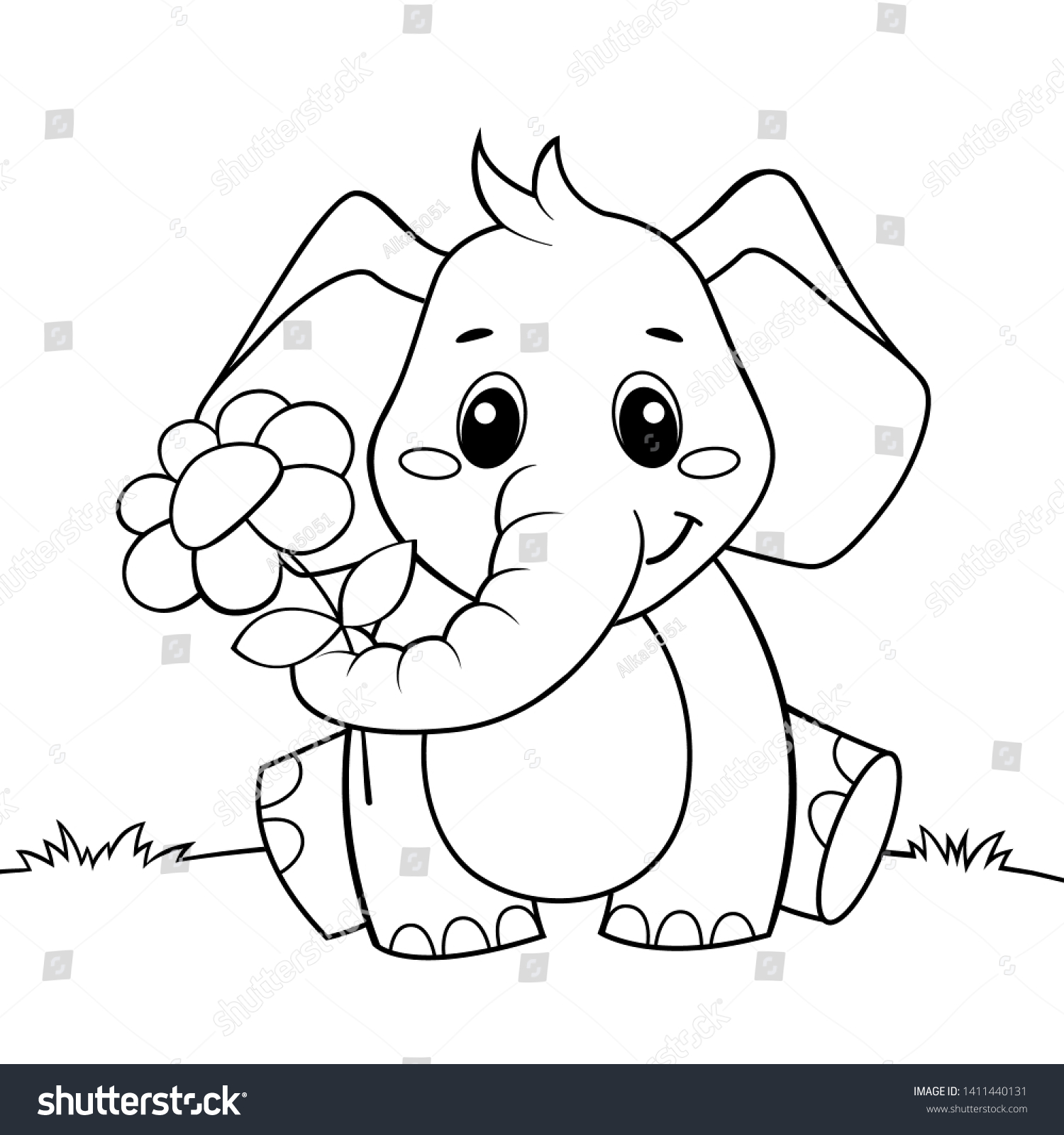 Cute cartoon elephant flower black white stock vector royalty free
