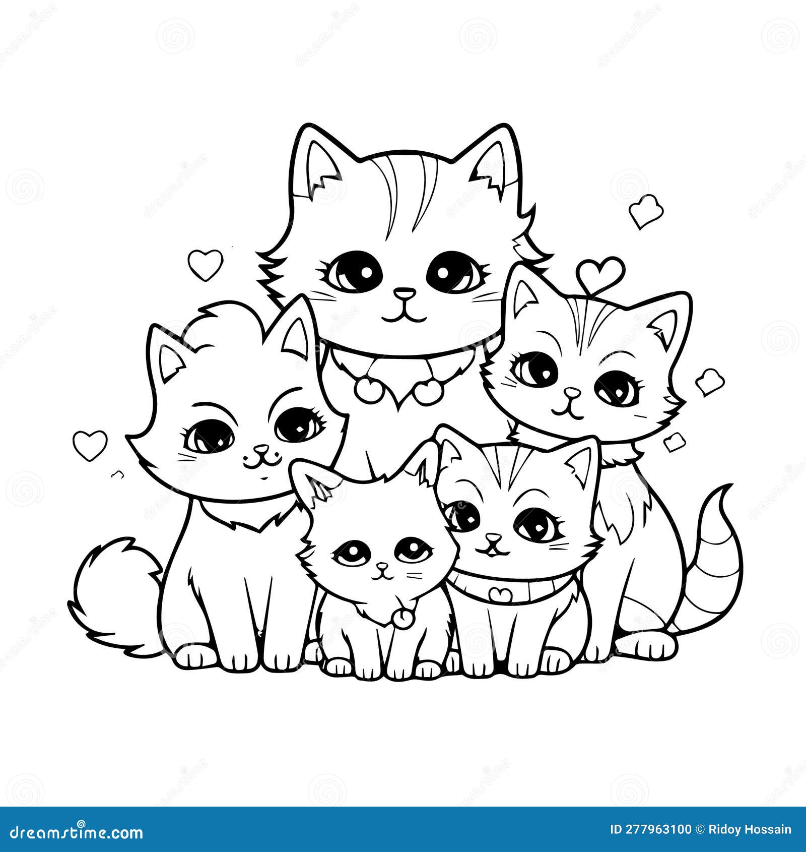 A coloring book page of a family of cats stock vector