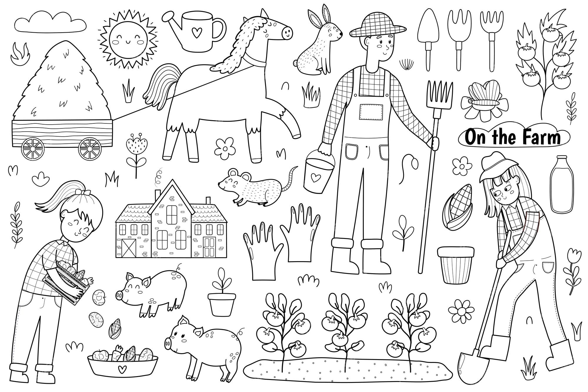 Premium vector black and white set with cute farm animals and kids farmers coloring page