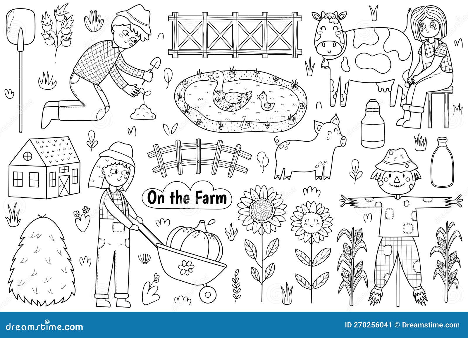Black and white set with cute farm animals and kids farmers coloring page stock vector