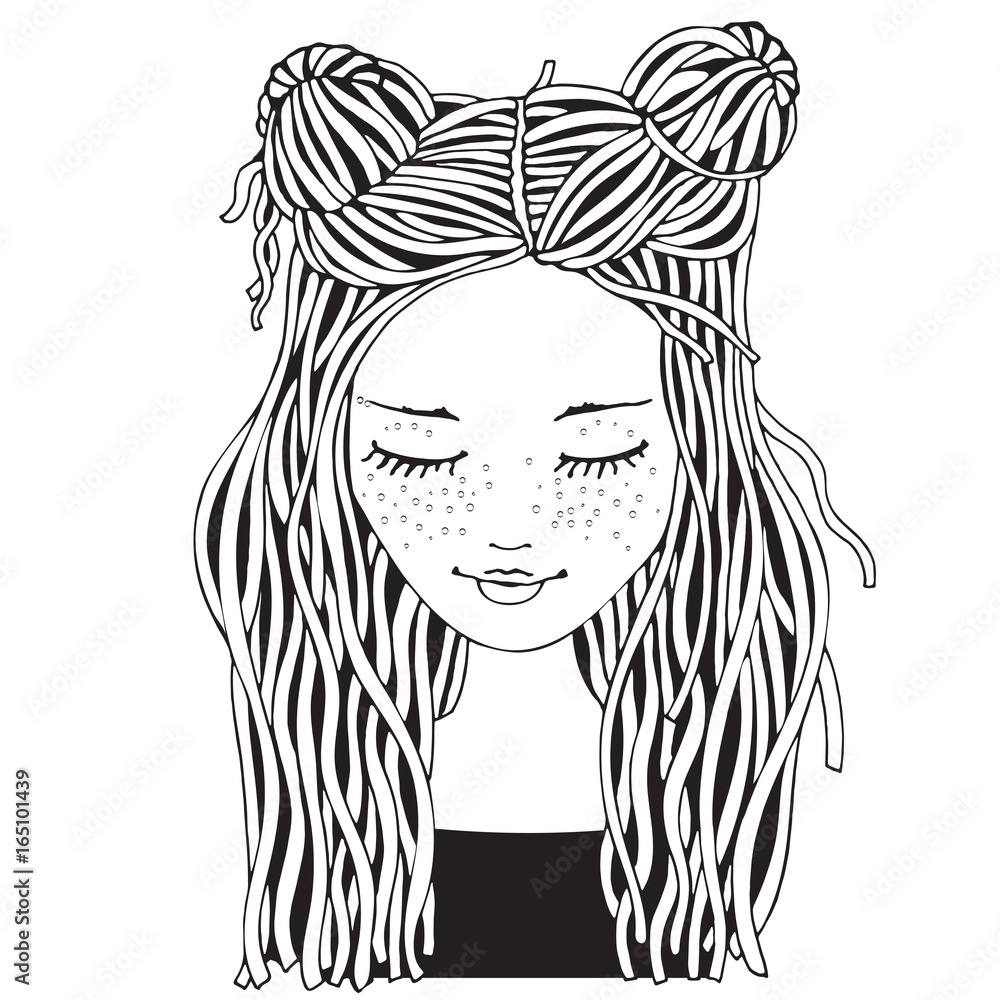 Cute girl coloring book page for adult and children black and white doodle style vector