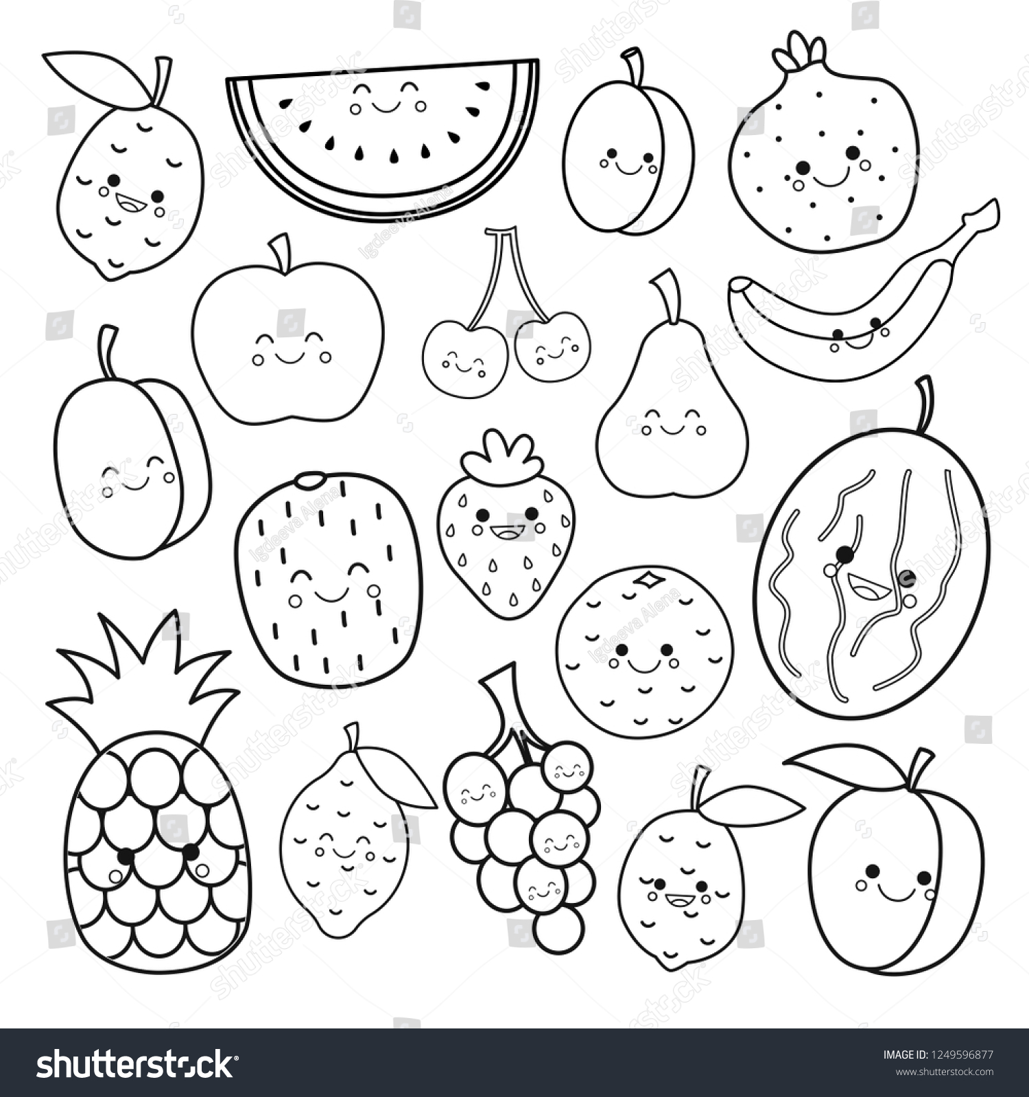 Vector set cute fruits coloring book stock vector royalty free