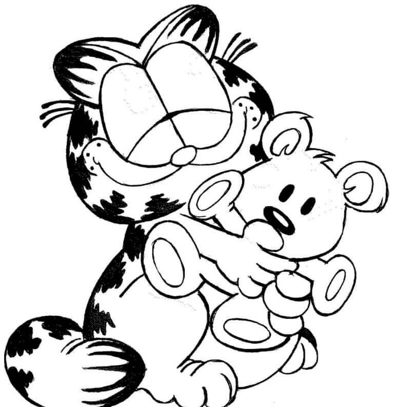 Cute garfield with a teddy bear coloring page