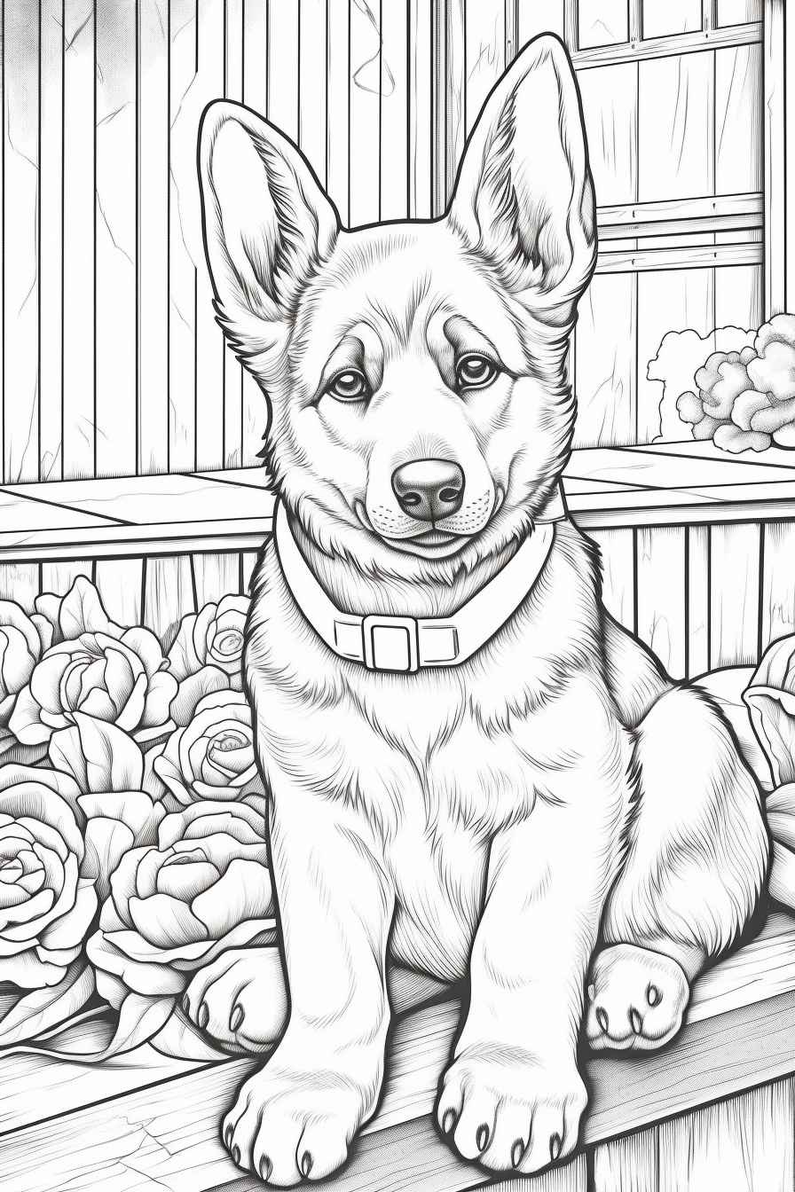 Midjourney prompt german shepherd puppy coloring page
