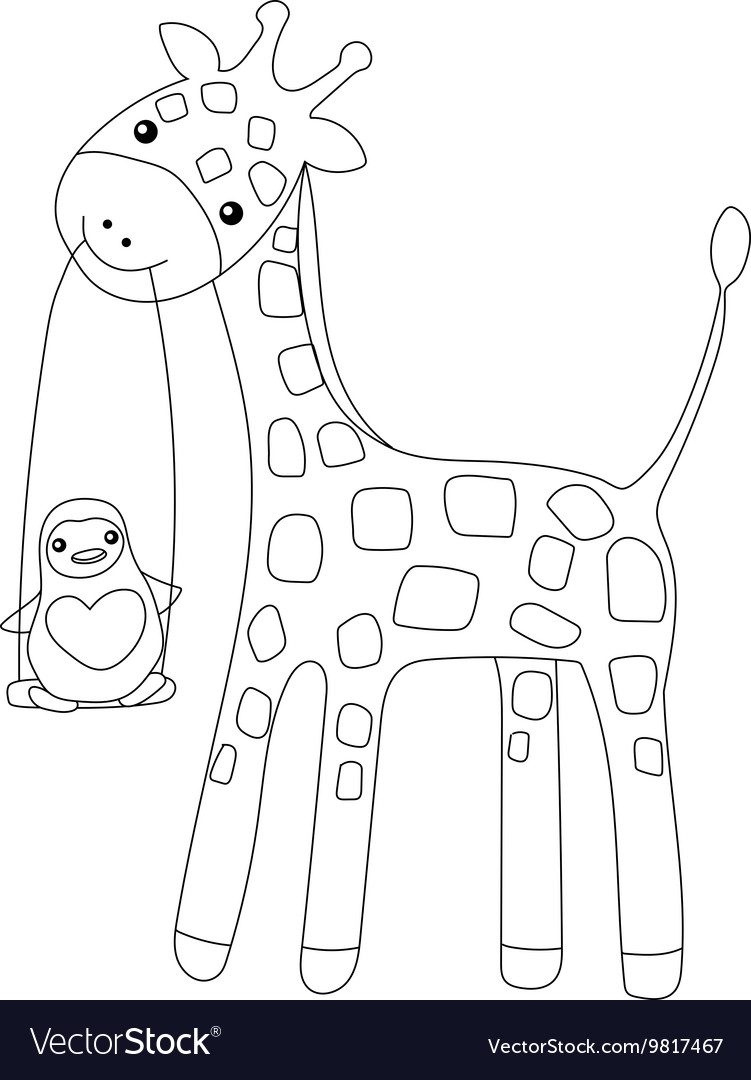 Coloring page little cute giraffe and penguin vector image