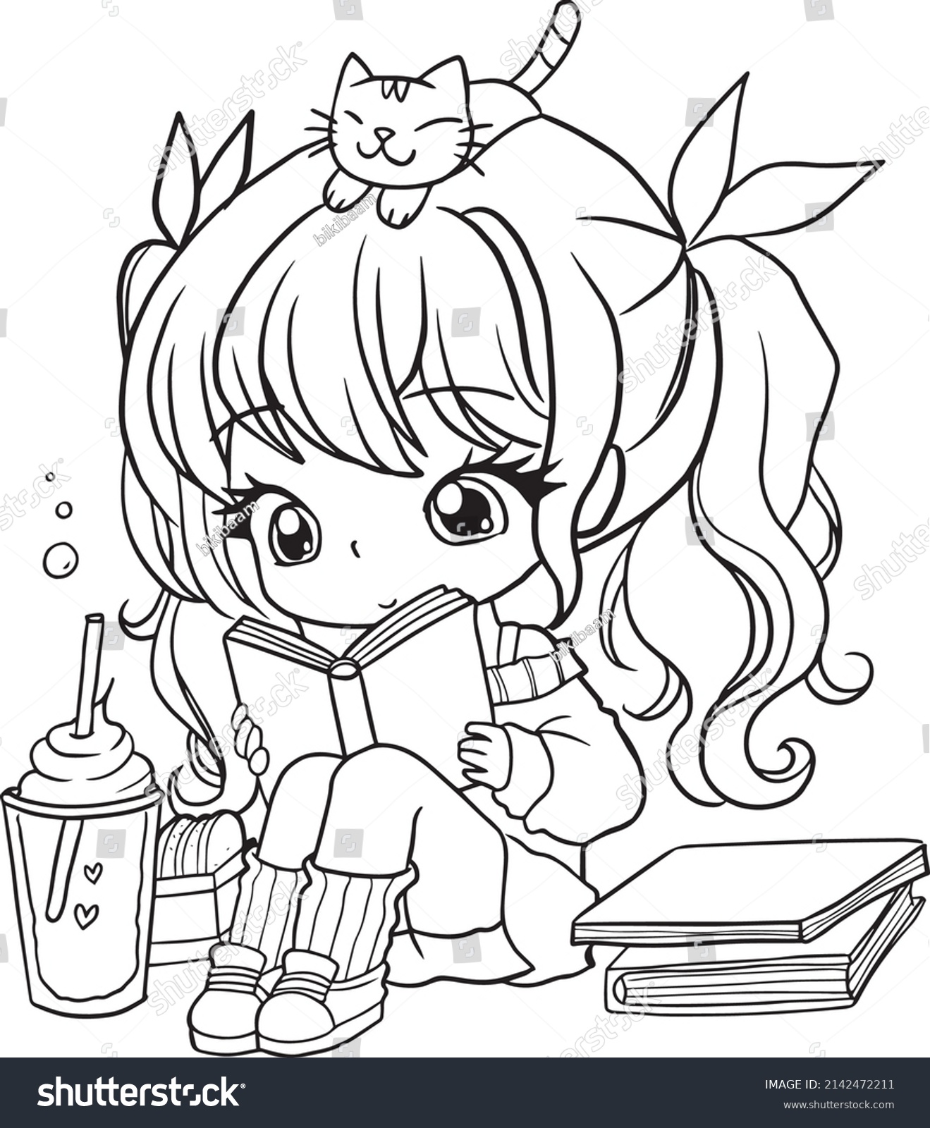 Cartoon girl coloring page cute kawaii stock vector royalty free