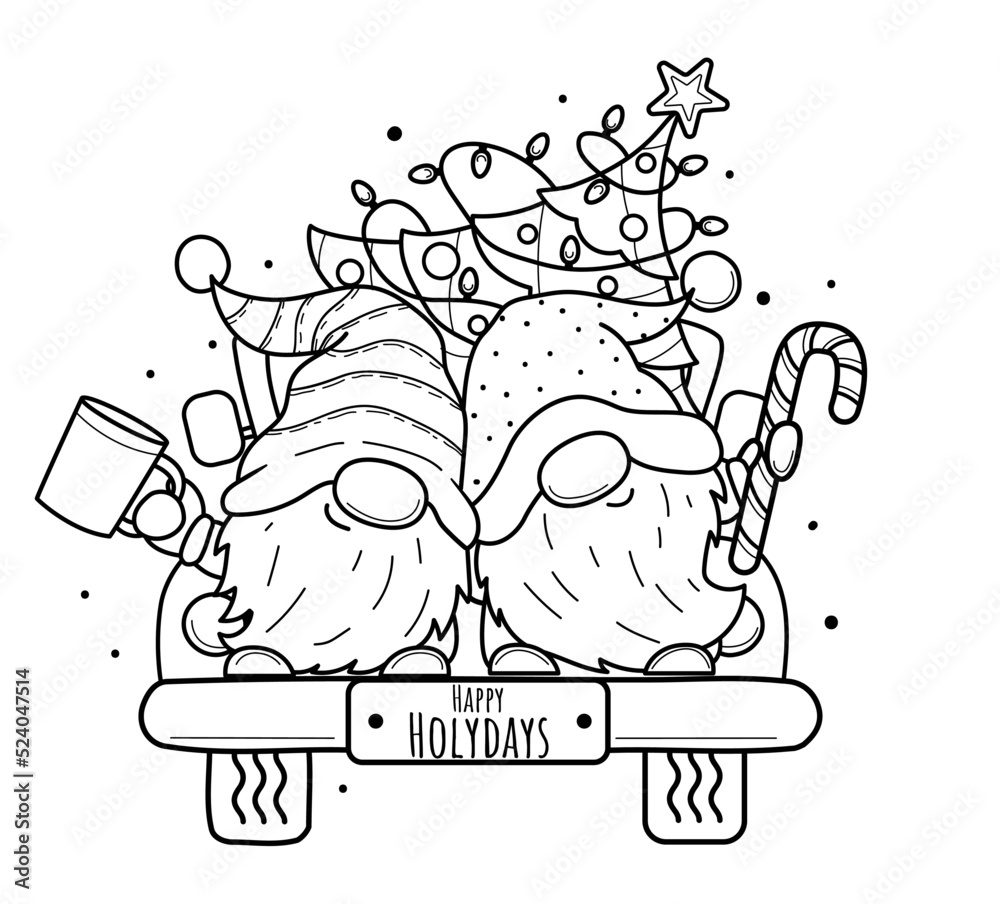 Cute cartoon christmas gnomes on truck for coloring bookline art design for kids coloring page coloring page outline vector