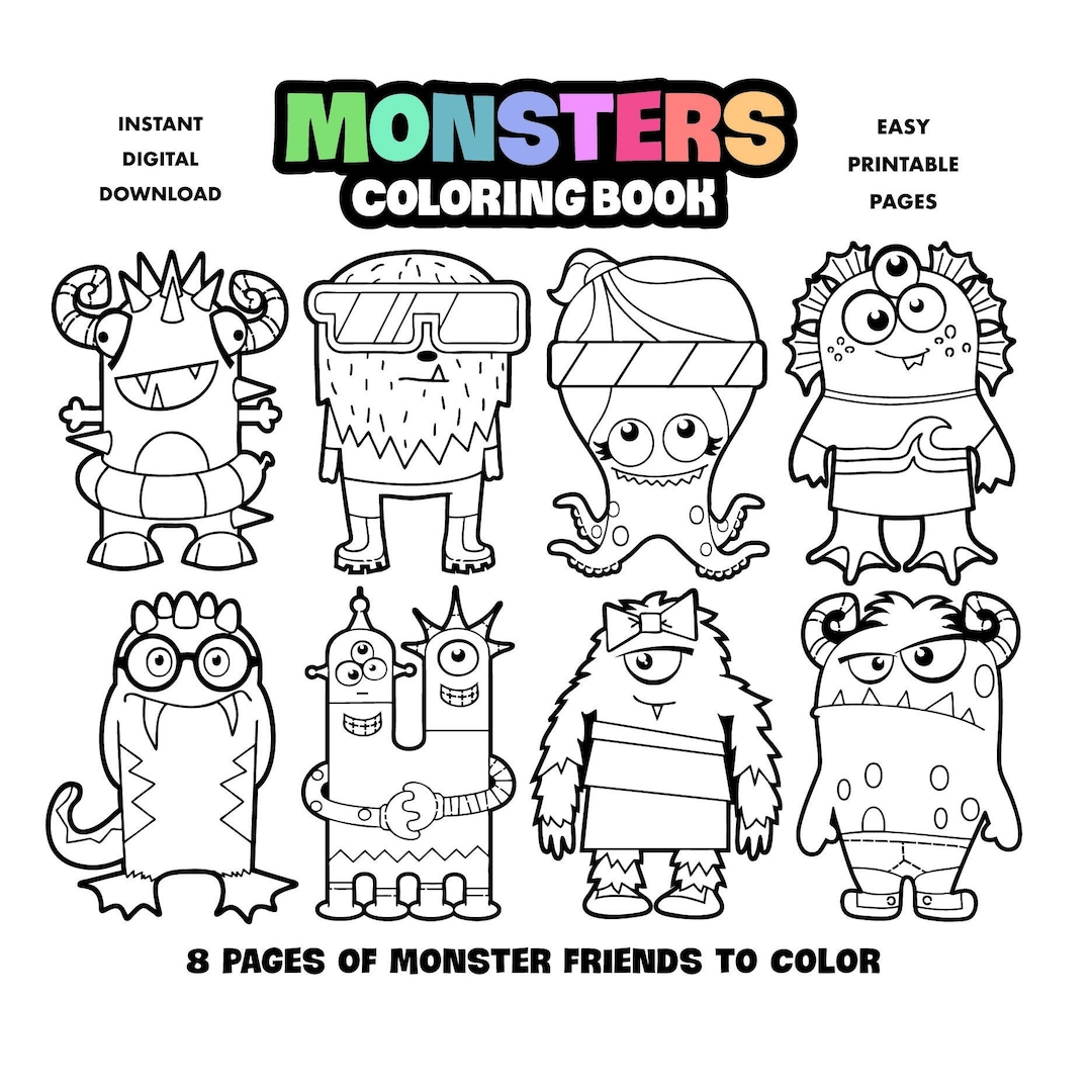 Monsters coloring book for kids printable coloring pages for children boys and girls digital download arts and crafts halloween activity