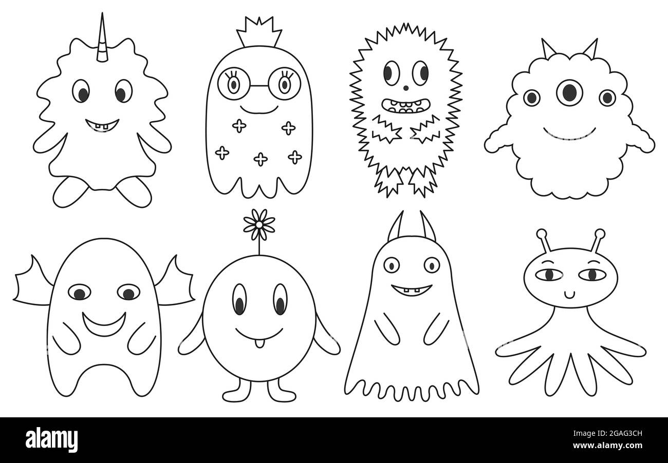 Monsters cute linear with black outlines friendly different characters of abstract shapes set suitable for the design of childrens coloring book room clothes happy halloween vector illustration stock vector image art