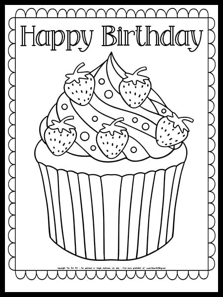 Happy birthday strawberry cupcake coloring page free printable â the art kit