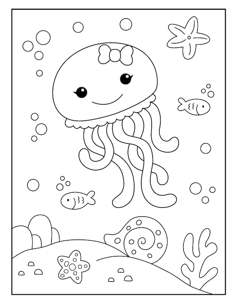 Premium vector cute jellyfish coloring page for kids