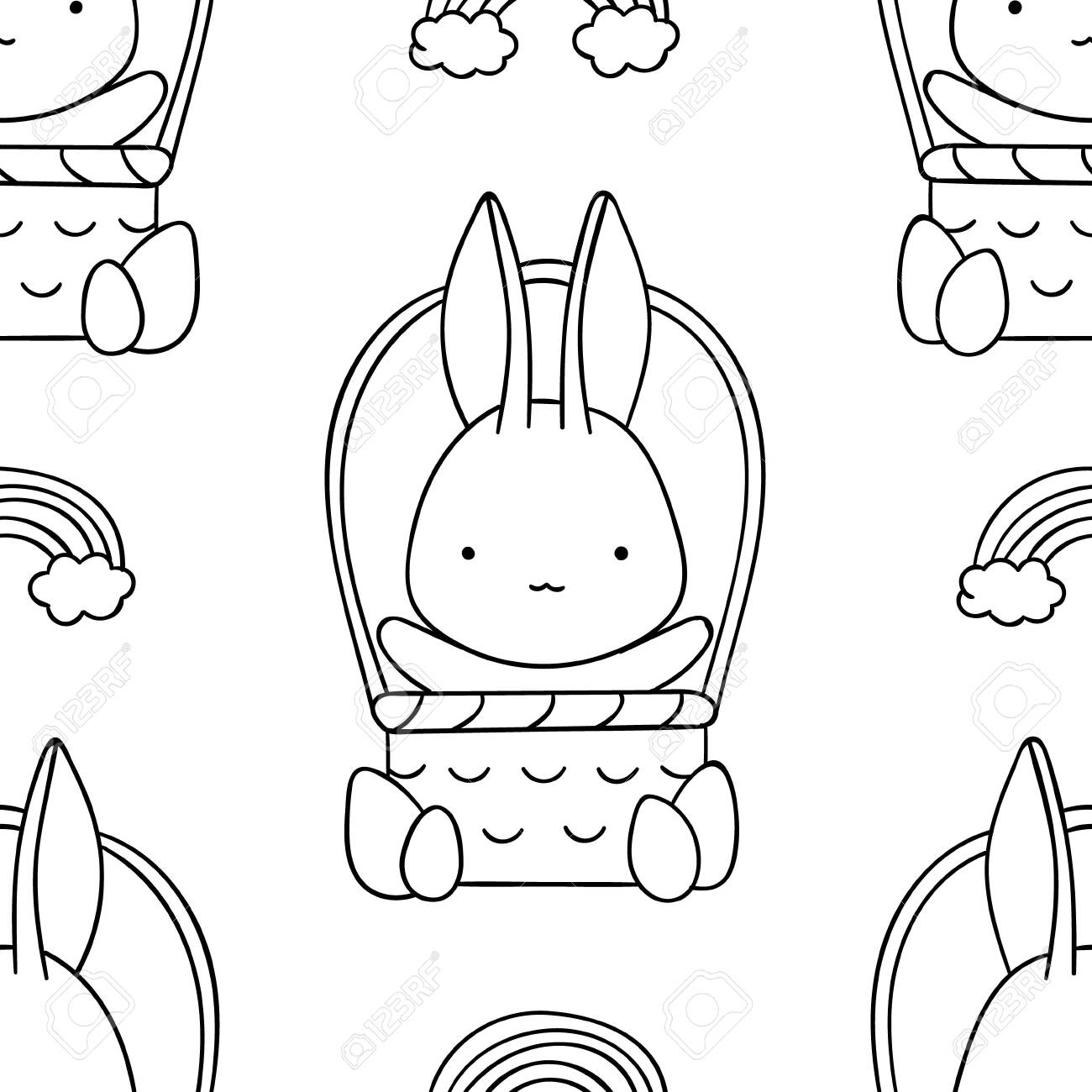 Simple seamless pattern black and white cute kawaii hand drawn bunny doodles coloring pages print royalty free svg cliparts vectors and stock illustration image