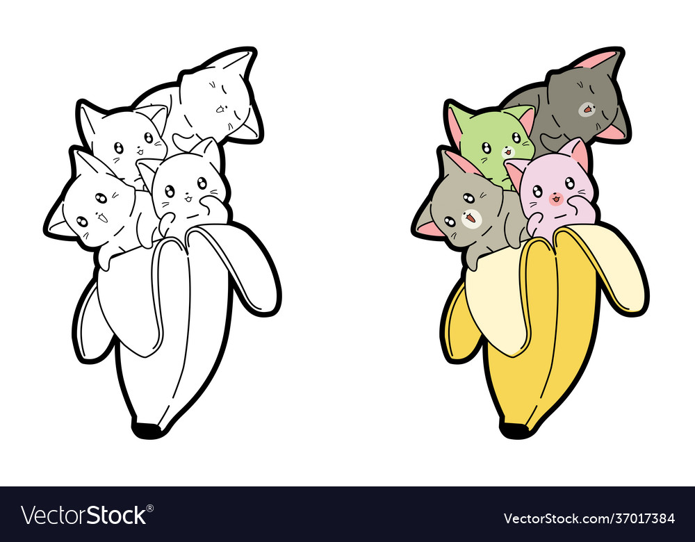 Kawaii cats in banana cartoon coloring page vector image