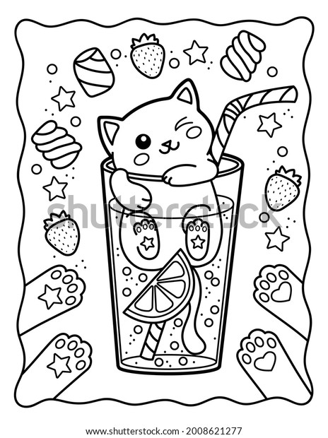 Kawaii coloring page cool kitten glass stock illustration