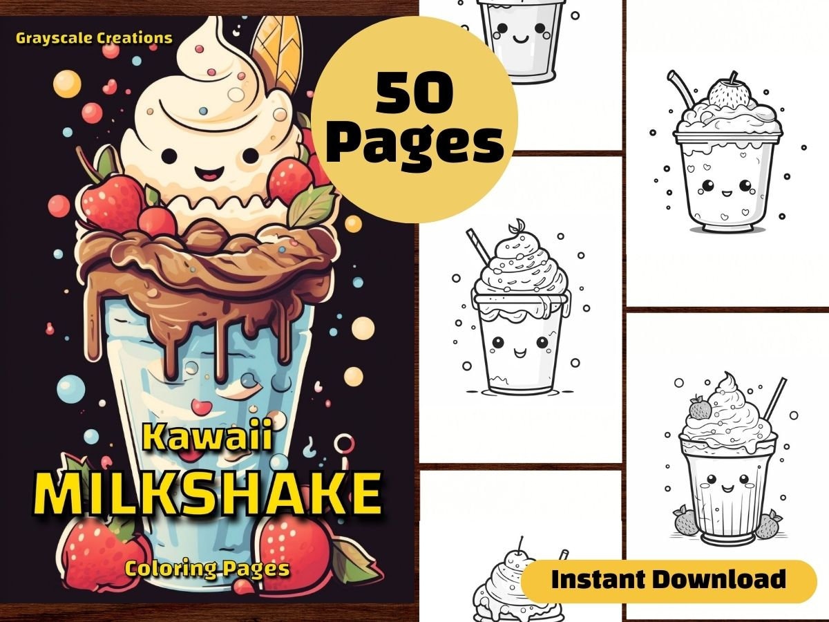 Milkshake coloring page book beverage food cute kawaii doodle birthday activity printable pdf sheet grayscale coloring adults kid