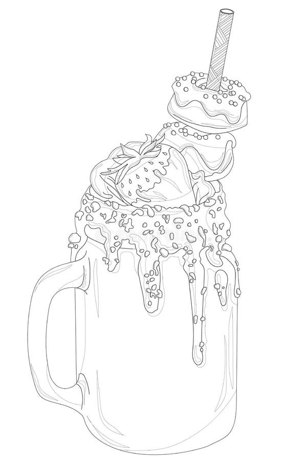 Milkshake in a jar with strawberry and donuts in black and white stock vector