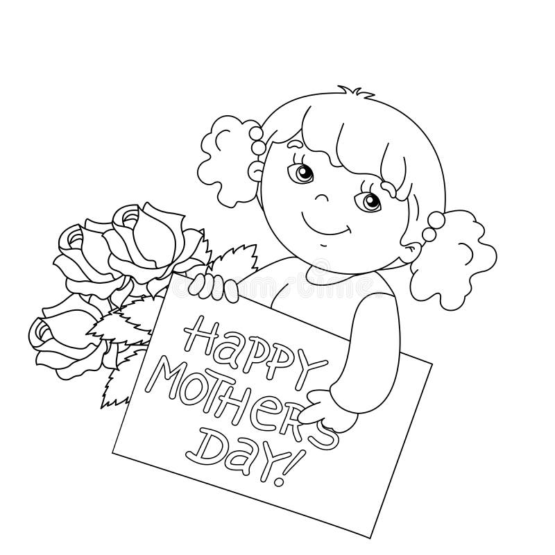 Coloring page outline of girl with card for mother s day stock vector