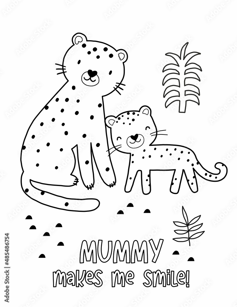 Cute cartoon coloring page with leopard mom and baby mothers day vector printable worksheets for preschool vector