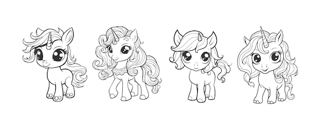 Premium vector cute pony unicorn cartoon line art coloring page for kids baby hourse animal coloring book illustration