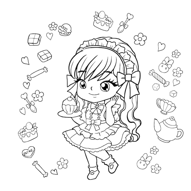 Premium vector drawing cartoon cute coloring page line art outline anime manga kawaii kids