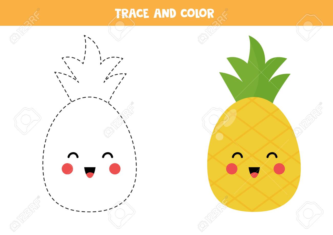 Trace and color cute kawaii pineapple coloring page for kids handwriting practice for preschoolers learning to write and to draw royalty free svg cliparts vectors and stock illustration image