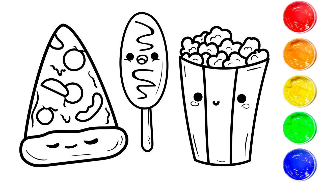 Coloring cute food pizza corn dog and popcorn how to color