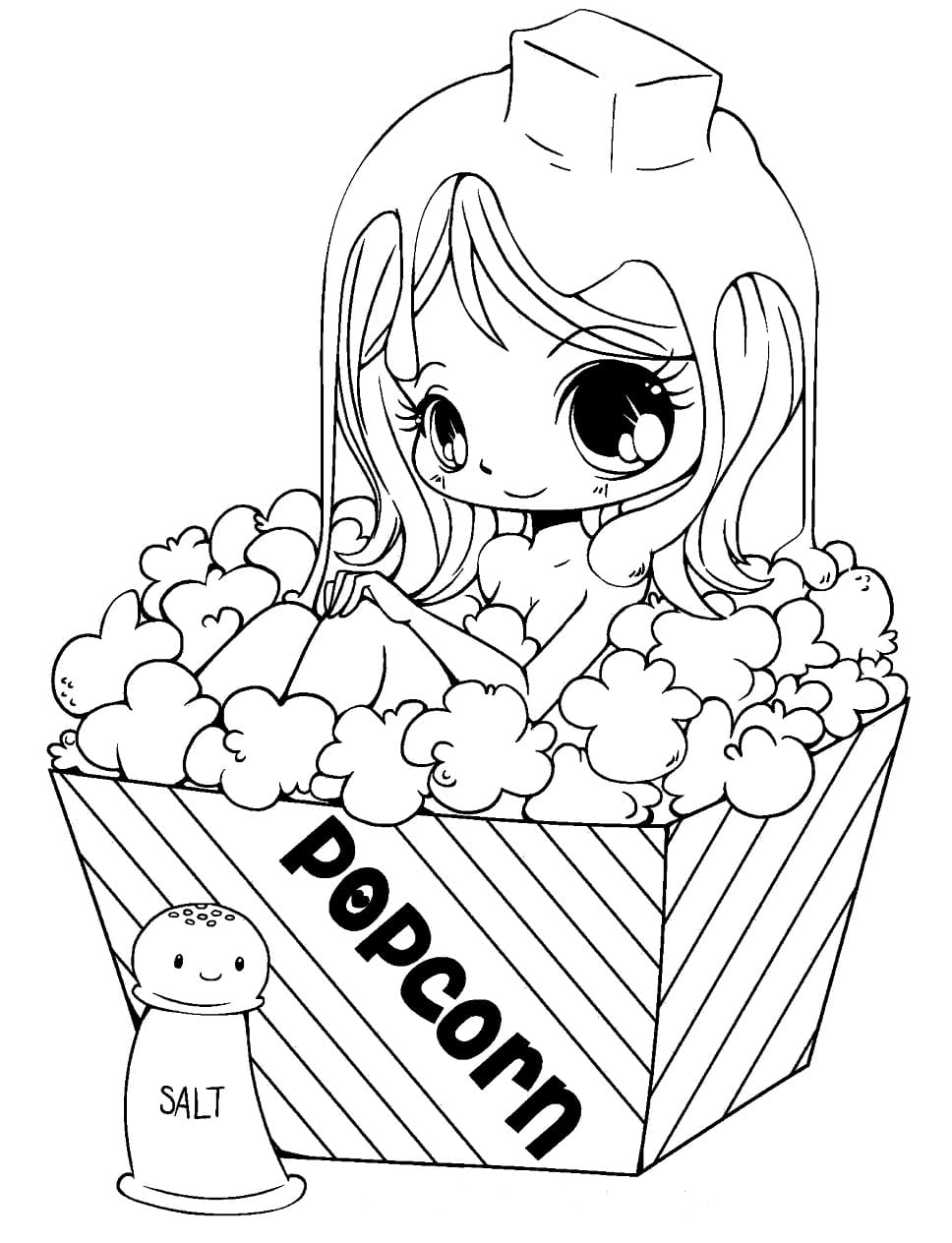 Chibi girl with popcorn coloring page