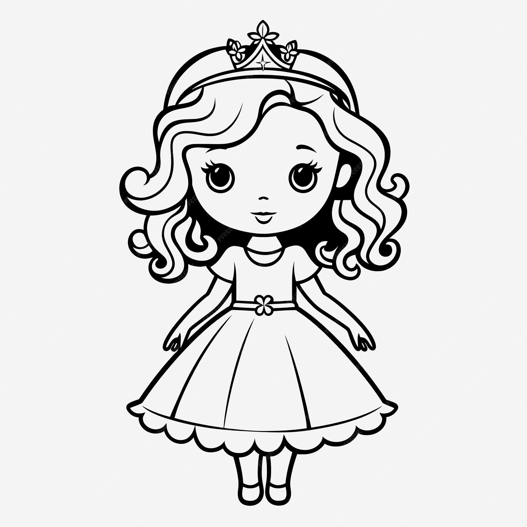 Premium photo simple kids coloring page flat vector illustration of a cute princess with crisp lines