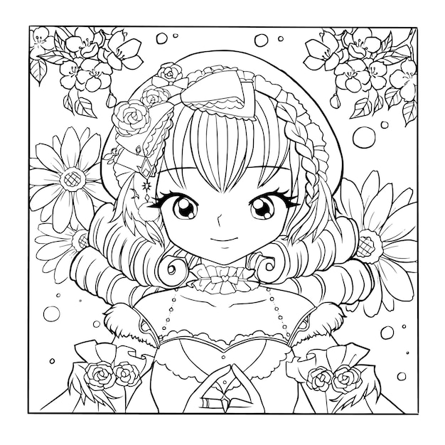 Premium vector princess coloring page cartoon cute kawaii manga illustration clipart