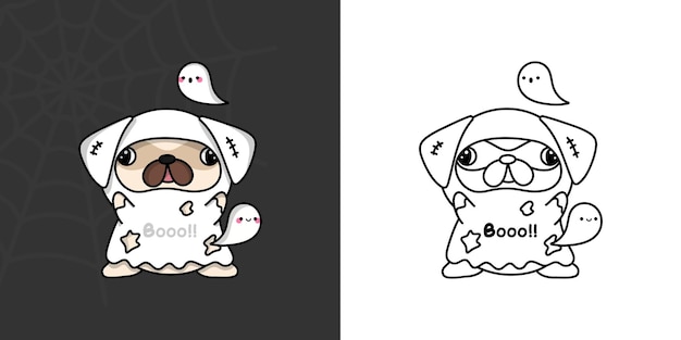 Premium vector halloween pug dog clipart for coloring page and multicolored illustration